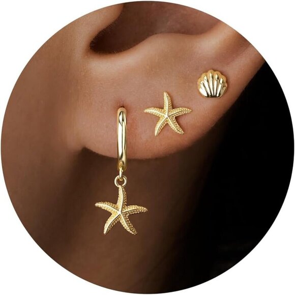 Jewelry - 3 Pairs Gold Dangle Earrings Set for Women Seashell Starfish Cross Stud Hoop Jew